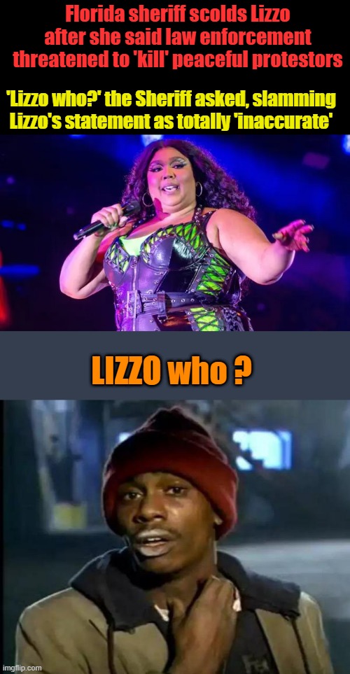 I'd love to hear her sing, " I am the walrus, goo-goo g'joob " Do people really still listen to her? | Florida sheriff scolds Lizzo after she said law enforcement threatened to 'kill' peaceful protestors; 'Lizzo who?' the Sheriff asked, slamming Lizzo's statement as totally 'inaccurate'; LIZZO who ? | image tagged in memes,y'all got any more of that | made w/ Imgflip meme maker