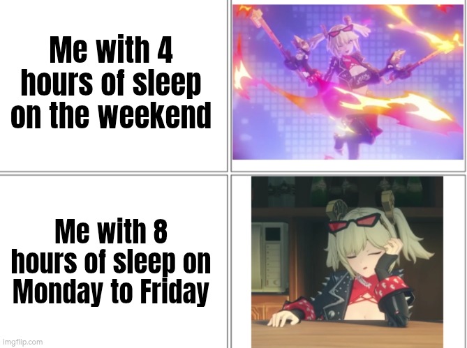 For some reason, weekend always give me (and I'm pretty sure others too) Power of Motivation. | Me with 4 hours of sleep on the weekend; Me with 8 hours of sleep on Monday to Friday | image tagged in memes,weekend,sleep | made w/ Imgflip meme maker