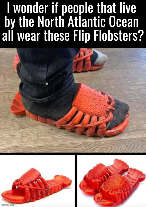 Would you rock these lobsters? | I wonder if people that live 
by the North Atlantic Ocean 
all wear these Flip Flobsters? | image tagged in flip flops,lobsters,atlantic,ocean,cool stuff | made w/ Imgflip meme maker
