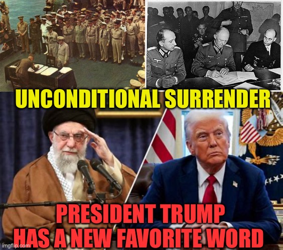 Unconditional Surrender, wow, the real solution to Forever Wars | UNCONDITIONAL SURRENDER; PRESIDENT TRUMP HAS A NEW FAVORITE WORD | image tagged in gifs,president trump,middle east,peace,israel | made w/ Imgflip meme maker
