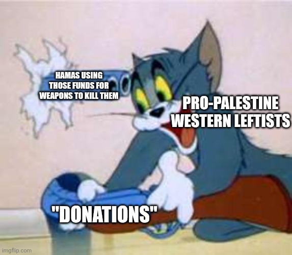 Pro-Palestine western leftist are basically shooting themselves | HAMAS USING THOSE FUNDS FOR WEAPONS TO KILL THEM; PRO-PALESTINE WESTERN LEFTISTS; "DONATIONS" | image tagged in tom the cat shooting himself,palestine,stupid liberals,terrorism | made w/ Imgflip meme maker