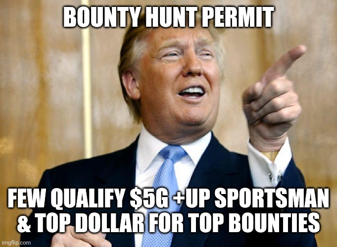 Bounty hunts paid | BOUNTY HUNT PERMIT; FEW QUALIFY $5G +UP SPORTSMAN & TOP DOLLAR FOR TOP BOUNTIES | image tagged in donald trump pointing | made w/ Imgflip meme maker