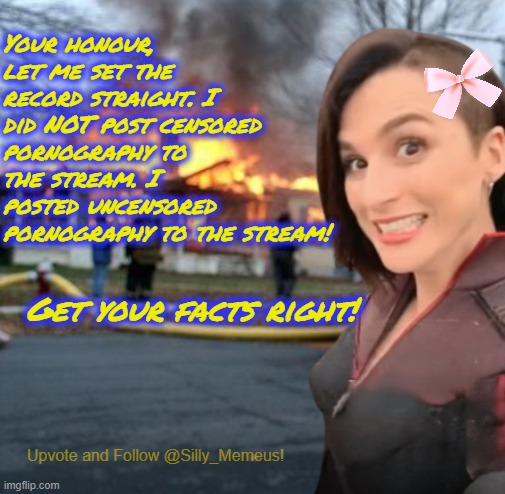 Fax | Your honour, let me set the record straight. I did NOT post censored pornography to the stream. I posted uncensored pornography to the stream! Get your facts right! | image tagged in disaster girl memeus edition template | made w/ Imgflip meme maker