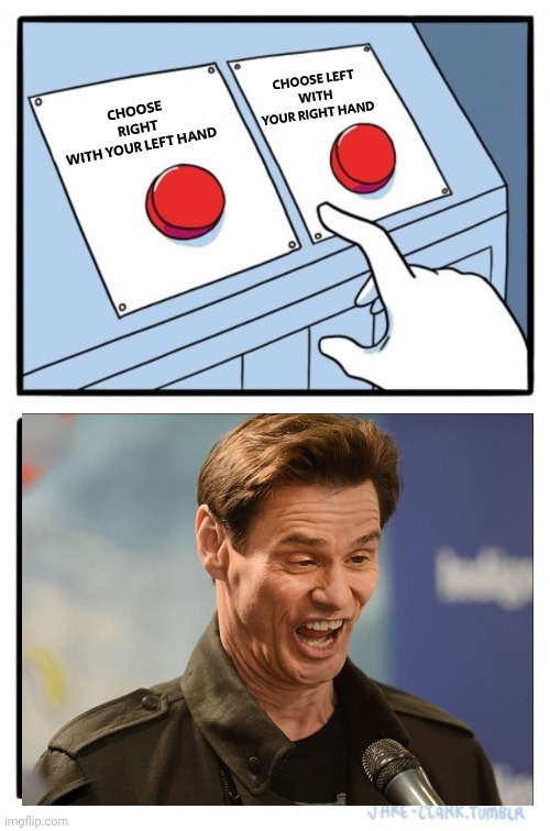 Two Buttons Meme | CHOOSE RIGHT
WITH YOUR LEFT HAND CHOOSE LEFT
WITH YOUR RIGHT HAND | image tagged in memes,two buttons | made w/ Imgflip meme maker