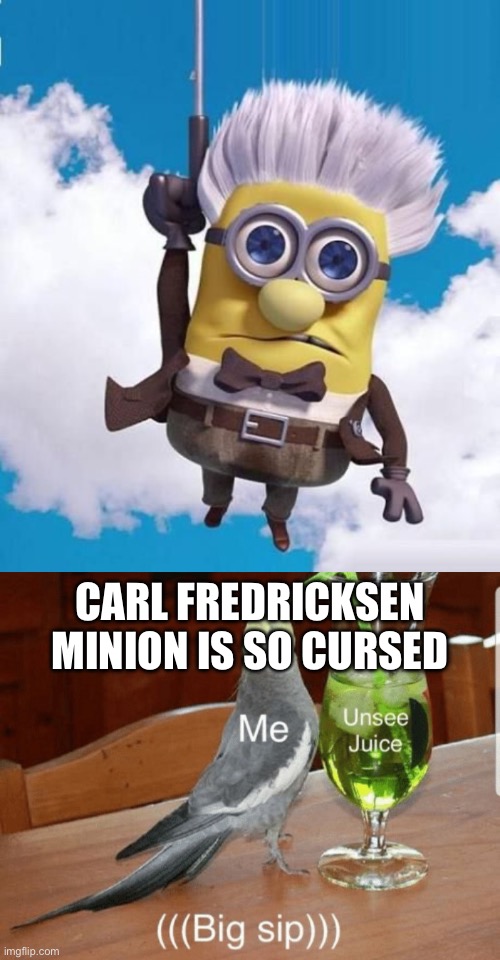 GOD NO WHY AM I SEEING THIS | CARL FREDRICKSEN MINION IS SO CURSED | image tagged in unsee juice,minions,cursed image,carl fredrricksen,fun,funny memes | made w/ Imgflip meme maker