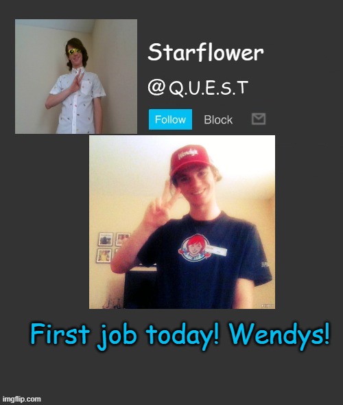 Starflower quest template | First job today! Wendys! | image tagged in starflower quest template | made w/ Imgflip meme maker