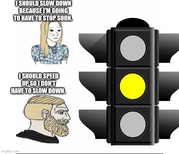 Two different people | I SHOULD SLOW DOWN BECAUSE I'M GOING TO HAVE TO STOP SOON. I SHOULD SPEED UP SO I DON'T HAVE TO SLOW DOWN. | image tagged in men vs women,driving,accurate,relatable | made w/ Imgflip meme maker