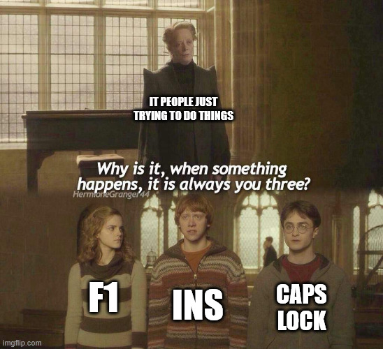 The worst keys | IT PEOPLE JUST TRYING TO DO THINGS; INS; F1; CAPS LOCK | image tagged in why is it when something happens it is always you three | made w/ Imgflip meme maker