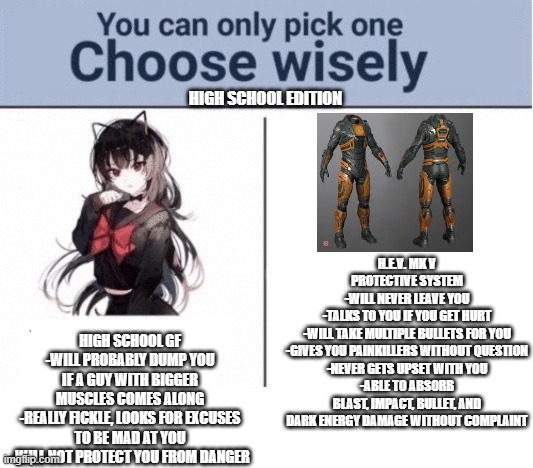 For the record, this is steriotypical high school girls, not you one-in-a-million nice ones | HIGH SCHOOL EDITION; H.E.V. MK V PROTECTIVE SYSTEM
-WILL NEVER LEAVE YOU
-TALKS TO YOU IF YOU GET HURT
-WILL TAKE MULTIPLE BULLETS FOR YOU
-GIVES YOU PAINKILLERS WITHOUT QUESTION
-NEVER GETS UPSET WITH YOU
-ABLE TO ABSORB BLAST, IMPACT, BULLET, AND DARK ENERGY DAMAGE WITHOUT COMPLAINT; HIGH SCHOOL GF
-WILL PROBABLY DUMP YOU IF A GUY WITH BIGGER MUSCLES COMES ALONG
-REALLY FICKLE, LOOKS FOR EXCUSES TO BE MAD AT YOU
-WILL NOT PROTECT YOU FROM DANGER | image tagged in you can only pick one choose wisely | made w/ Imgflip meme maker