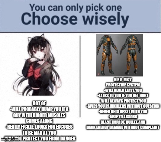 It's time to choose, Dr. Freeman. | H.E.V. MK V PROTECTIVE SYSTEM
-WILL NEVER LEAVE YOU
-TALKS TO YOU IF YOU GET HURT
-WILL ALWAYS PROTECT YOU
-GIVES YOU PAINKILLERS WITHOUT QUESTION
-NEVER GETS UPSET WITH YOU
-ABLE TO ABSORB BLAST, IMPACT, BULLET, AND DARK ENERGY DAMAGE WITHOUT COMPLAINT; HOT GF
-WILL PROBABLY DUMP YOU IF A GUY WITH BIGGER MUSCLES COMES ALONG
-REALLY FICKLE, LOOKS FOR EXCUSES TO BE MAD AT YOU
-WILL NOT PROTECT YOU FROM DANGER | image tagged in you can only pick one choose wisely | made w/ Imgflip meme maker