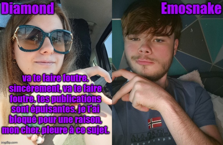 to memeus | va te faire foutre. sincèrement, va te faire foutre. tes publications sont épuisantes. je t'ai bloqué pour une raison, mon cher. pleure à ce sujet. | image tagged in diamond and es shared couple temp | made w/ Imgflip meme maker