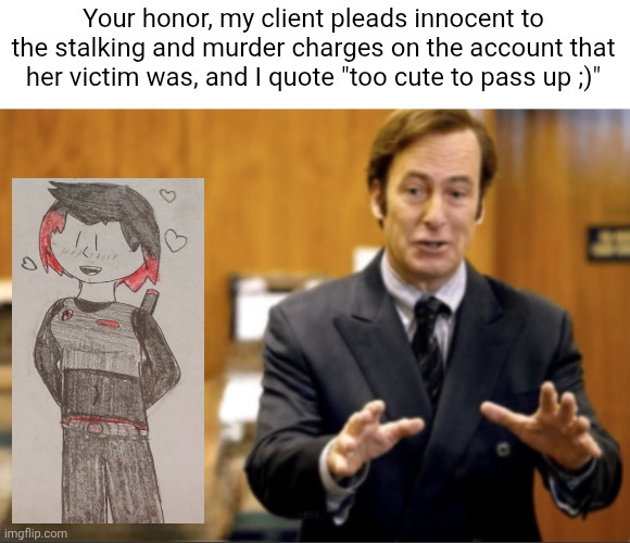 Saul Goodman defending | Your honor, my client pleads innocent to the stalking and murder charges on the account that her victim was, and I quote "too cute to pass up ;)" | image tagged in saul goodman defending | made w/ Imgflip meme maker