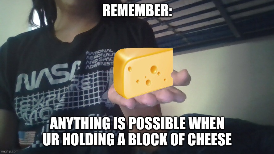 Block of chesse | REMEMBER:; ANYTHING IS POSSIBLE WHEN UR HOLDING A BLOCK OF CHEESE | image tagged in funny,funny memes | made w/ Imgflip meme maker