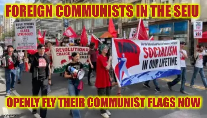 America’s Unions Are Being Taken Over By Foreign Communists. | FOREIGN COMMUNISTS IN THE SEIU; OPENLY FLY THEIR COMMUNIST FLAGS NOW | image tagged in union,communism,communist socialist,sounds like communist propaganda,communist,why is this not reported in the news | made w/ Imgflip meme maker