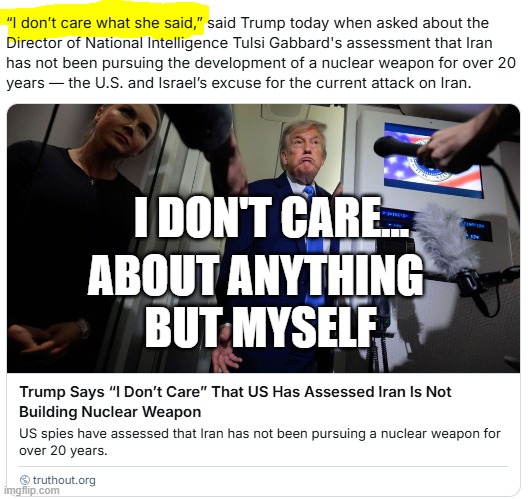 Selfish Donny Dumpster | I DON'T CARE... ABOUT ANYTHING 
BUT MYSELF | image tagged in trump - i don't care | made w/ Imgflip meme maker