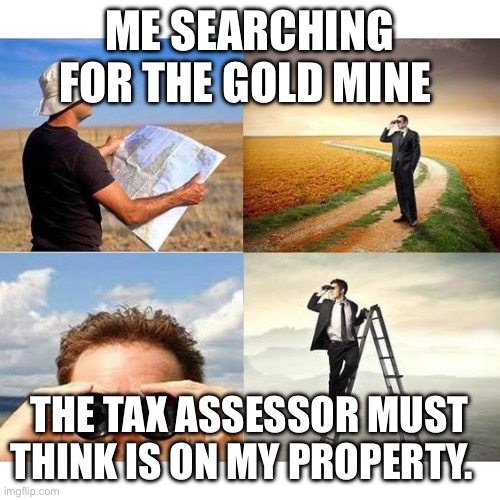 Property tax | ME SEARCHING FOR THE GOLD MINE; THE TAX ASSESSOR MUST THINK IS ON MY PROPERTY. | image tagged in searchingforatheistvegans | made w/ Imgflip meme maker