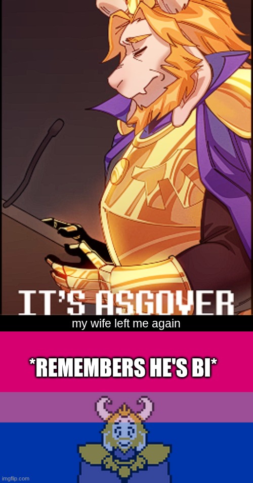 my wife left me again *REMEMBERS HE'S BI* | image tagged in its asgover,bi flag | made w/ Imgflip meme maker