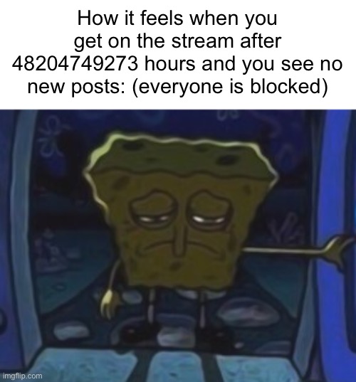 sad spongebob | How it feels when you get on the stream after 48204749273 hours and you see no new posts: (everyone is blocked) | image tagged in sad spongebob | made w/ Imgflip meme maker