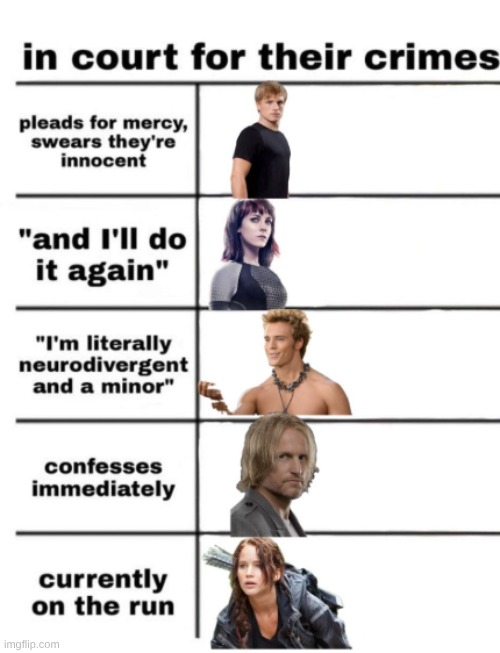 'in court for their crimes' Hunger Games | image tagged in hunger-games | made w/ Imgflip meme maker