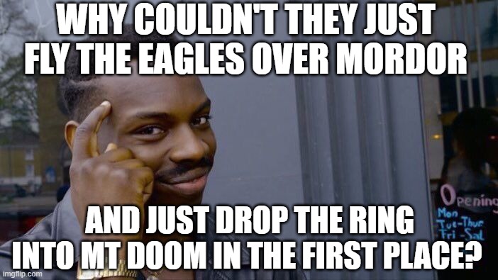 why | WHY COULDN'T THEY JUST FLY THE EAGLES OVER MORDOR; AND JUST DROP THE RING INTO MT DOOM IN THE FIRST PLACE? | image tagged in memes,roll safe think about it | made w/ Imgflip meme maker