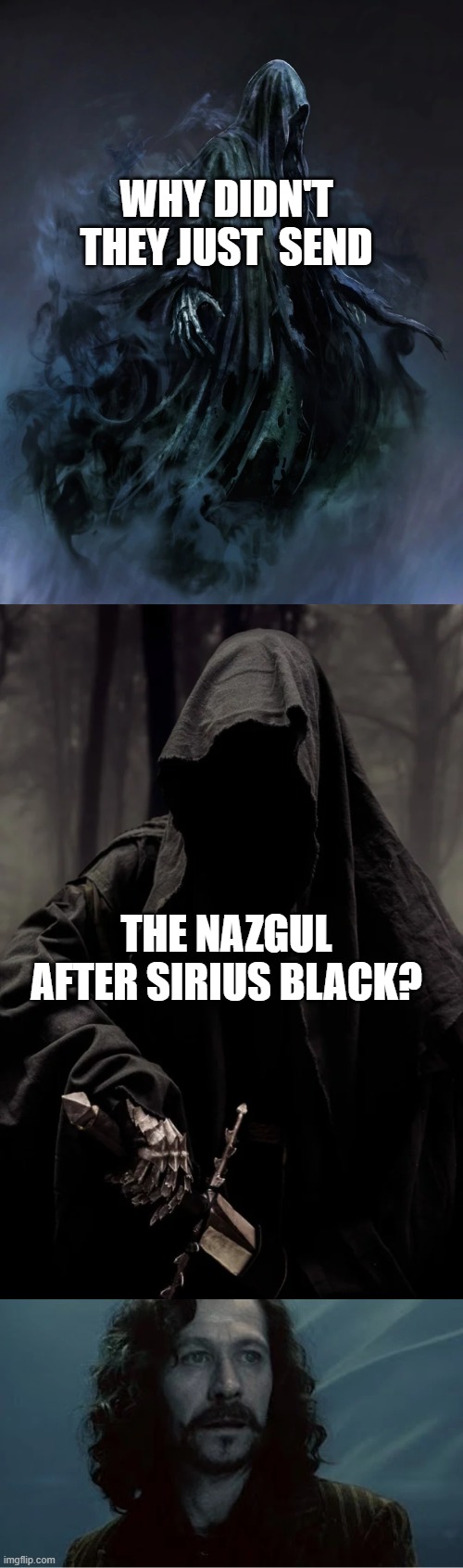 Sorry Sirius, but the Nazgul would be way more effective then the Dementors | WHY DIDN'T THEY JUST  SEND; THE NAZGUL AFTER SIRIUS BLACK? | image tagged in nazgul,harry potter,lord of the rings,dementors,sirius black | made w/ Imgflip meme maker