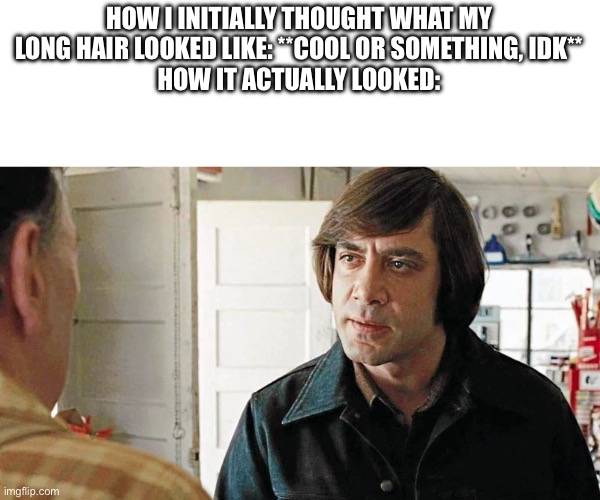Anton Chigurh coin toss | HOW I INITIALLY THOUGHT WHAT MY LONG HAIR LOOKED LIKE: **COOL OR SOMETHING, IDK**
HOW IT ACTUALLY LOOKED: | image tagged in anton chigurh coin toss | made w/ Imgflip meme maker
