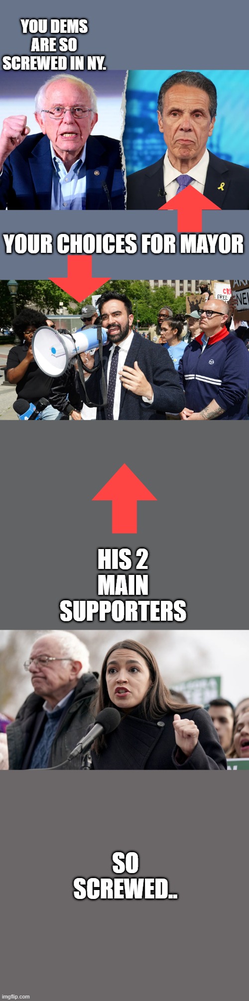 YOU DEMS ARE SO SCREWED IN NY. YOUR CHOICES FOR MAYOR; HIS 2 MAIN SUPPORTERS; SO SCREWED.. | made w/ Imgflip meme maker