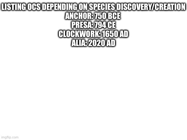 [Insert title here] | LISTING OCS DEPENDING ON SPECIES DISCOVERY/CREATION

ANCHOR: 750 BCE 

PRESA: 794 CE

CLOCKWORK: 1650 AD

ALIA: 2020 AD | made w/ Imgflip meme maker