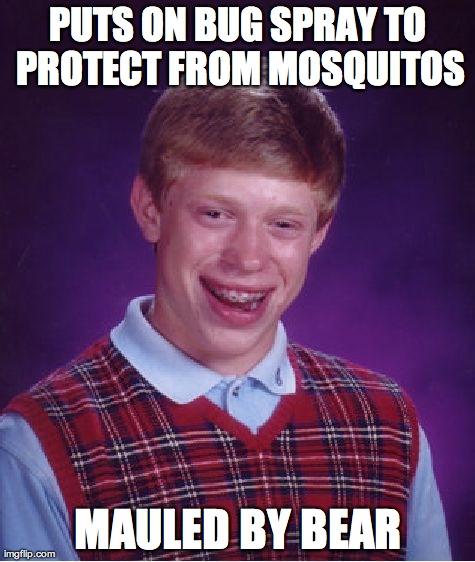 Bad Luck Brian | PUTS ON BUG SPRAY TO PROTECT FROM MOSQUITOS MAULED BY BEAR | image tagged in memes,bad luck brian | made w/ Imgflip meme maker