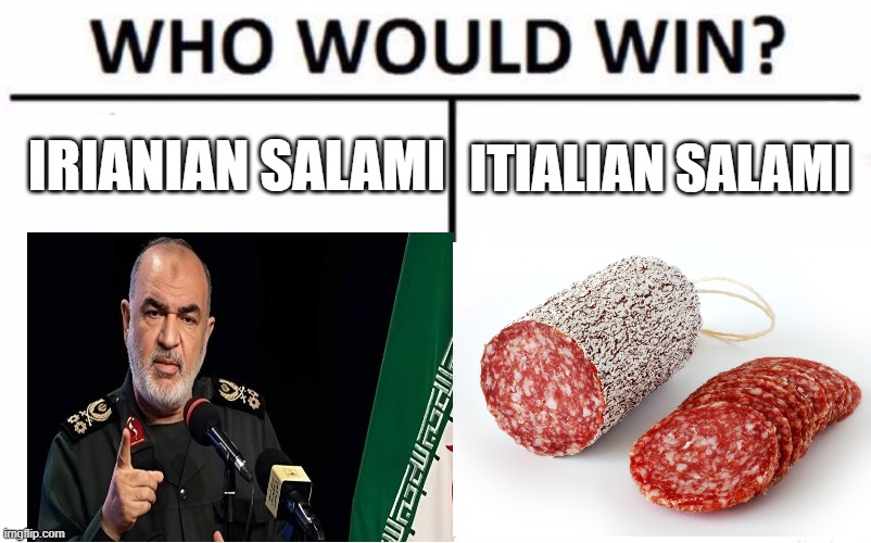 You mama mia who stole the salami | IRIANIAN SALAMI; ITIALIAN SALAMI | image tagged in memes,who would win | made w/ Imgflip meme maker