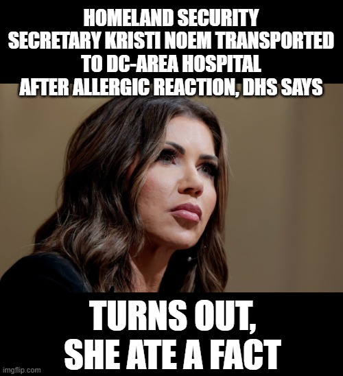 kristi noem allergic to facts | HOMELAND SECURITY SECRETARY KRISTI NOEM TRANSPORTED TO DC-AREA HOSPITAL AFTER ALLERGIC REACTION, DHS SAYS; TURNS OUT, SHE ATE A FACT | image tagged in kristinoem,facts,conservativefakeamericans,unfit,unqualified | made w/ Imgflip meme maker