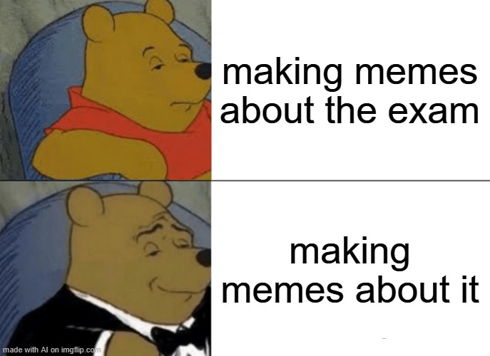 I made memes about the exam | making memes about the exam; making memes about it | image tagged in memes,tuxedo winnie the pooh,funny | made w/ Imgflip meme maker