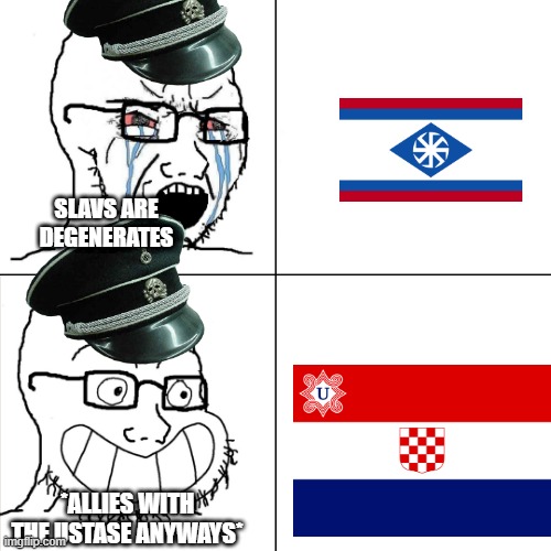 How hypocritical that the nazis are allied with the ustase | SLAVS ARE DEGENERATES; *ALLIES WITH THE USTASE ANYWAYS* | image tagged in hypocritical wojak | made w/ Imgflip meme maker