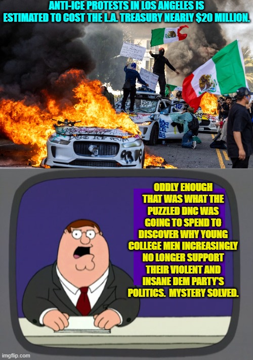 It's no longer hip to hate your own nation. | ANTI-ICE PROTESTS IN LOS ANGELES IS ESTIMATED TO COST THE L.A. TREASURY NEARLY $20 MILLION. ODDLY ENOUGH THAT WAS WHAT THE PUZZLED DNC WAS GOING TO SPEND TO DISCOVER WHY YOUNG COLLEGE MEN INCREASINGLY NO LONGER SUPPORT THEIR VIOLENT AND INSANE DEM PARTY'S POLITICS.  MYSTERY SOLVED. | image tagged in yep | made w/ Imgflip meme maker