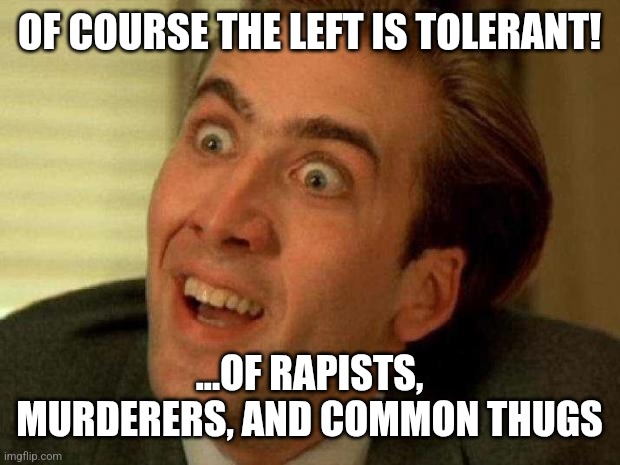 OF COURSE THE LEFT IS TOLERANT! ...OF RAPISTS, MURDERERS, AND COMMON THUGS | image tagged in nicolas cage | made w/ Imgflip meme maker