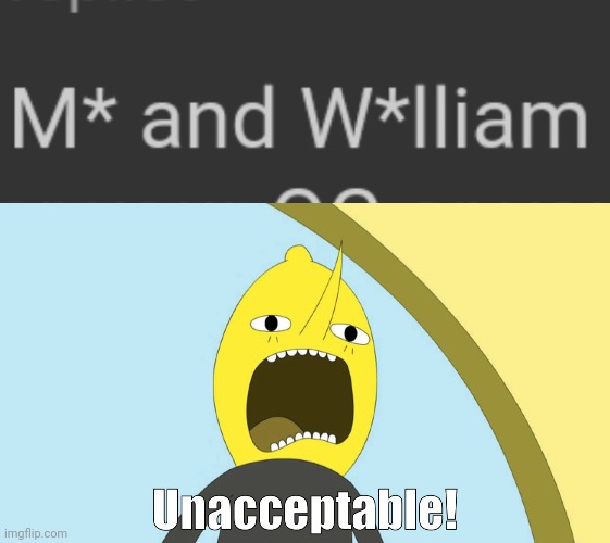 Fictional character names should never be censored anyway and the reason for censoring them is always invalid. | image tagged in unacceptable,your argument is invalid,mc and william,censored | made w/ Imgflip meme maker