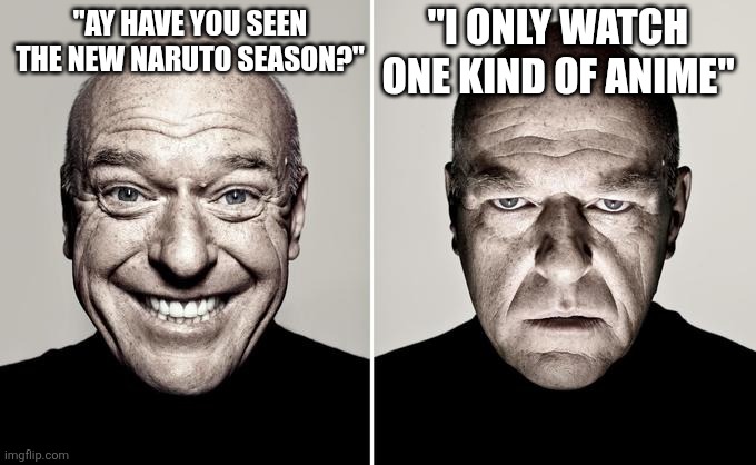 Dean Norris reaction | "I ONLY WATCH ONE KIND OF ANIME"; "AY HAVE YOU SEEN THE NEW NARUTO SEASON?" | image tagged in dean norris reaction | made w/ Imgflip meme maker