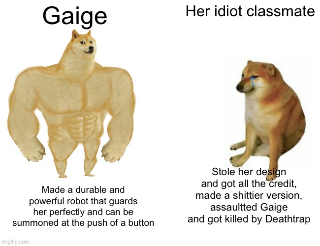 Fun fact: Gaige is an anarchist. | Gaige; Her idiot classmate; Stole her design and got all the credit, made a shittier version, assaultted Gaige and got killed by Deathtrap; Made a durable and powerful robot that guards her perfectly and can be summoned at the push of a button | image tagged in memes,buff doge vs cheems,borderlands | made w/ Imgflip meme maker