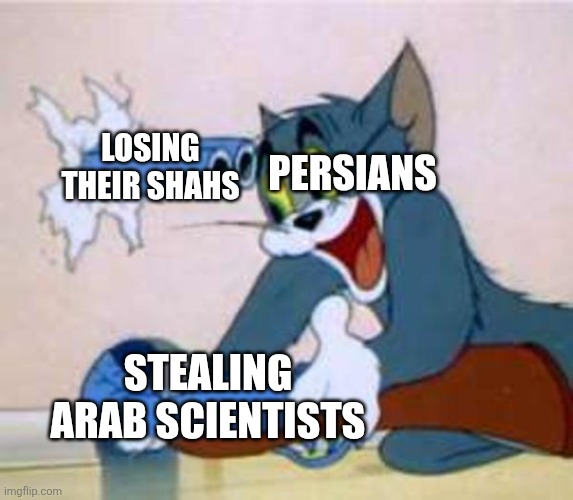 What goes around comes around | LOSING THEIR SHAHS; PERSIANS; STEALING ARAB SCIENTISTS | image tagged in tom the cat shooting himself,iran,iranian,persian,arab,shah | made w/ Imgflip meme maker