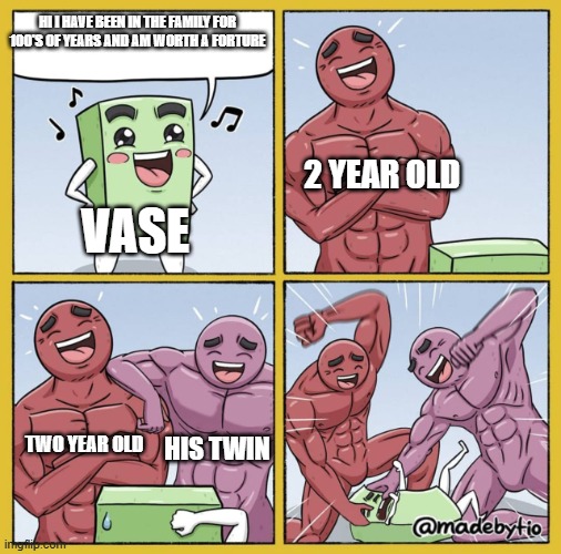 Guy getting beat up | HI I HAVE BEEN IN THE FAMILY FOR 100'S OF YEARS AND AM WORTH A FORTURE; 2 YEAR OLD; VASE; TWO YEAR OLD; HIS TWIN | image tagged in guy getting beat up | made w/ Imgflip meme maker