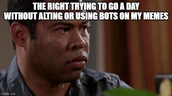 (Comment a user and I will say why they are suspicious) | THE RIGHT TRYING TO GO A DAY WITHOUT ALTING OR USING BOTS ON MY MEMES | image tagged in sweating bullets,snowflakes who fall for ragebaits lol,magat | made w/ Imgflip meme maker