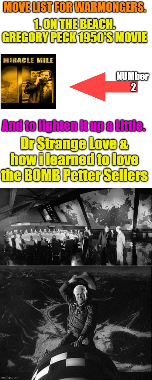 NUKE Movie night brought to you by.. Phizer & Google. enjoy. MY life has been lived under threat of NUKE war. | MOVE LIST FOR WARMONGERS. 1. ON THE BEACH. GREGORY PECK 1950'S MOVIE; NUMber  2; And to lighten it up a Little. Dr Strange Love & how i learned to love the BOMB Petter Sellers | image tagged in memes,blank transparent square | made w/ Imgflip meme maker