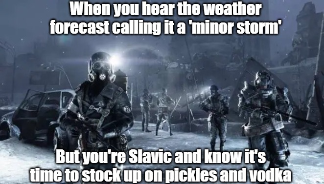 Metro 2033 | When you hear the weather forecast calling it a 'minor storm'; But you're Slavic and know it's time to stock up on pickles and vodka | image tagged in metro 2033,slavic lives matter | made w/ Imgflip meme maker