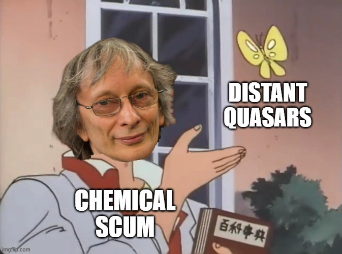 Chemical scum that dream of distant quasars | DISTANT QUASARS; CHEMICAL SCUM | image tagged in is this a bird,david deutsch,philosophy | made w/ Imgflip meme maker
