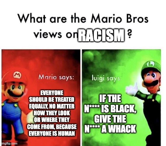 Which side are you on? | RACISM; EVERYONE SHOULD BE TREATED EQUALLY, NO MATTER HOW THEY LOOK OR WHERE THEY COME FROM, BECAUSE EVERYONE IS HUMAN; IF THE N**** IS BLACK, GIVE THE N**** A WHACK | image tagged in mario bros views | made w/ Imgflip meme maker