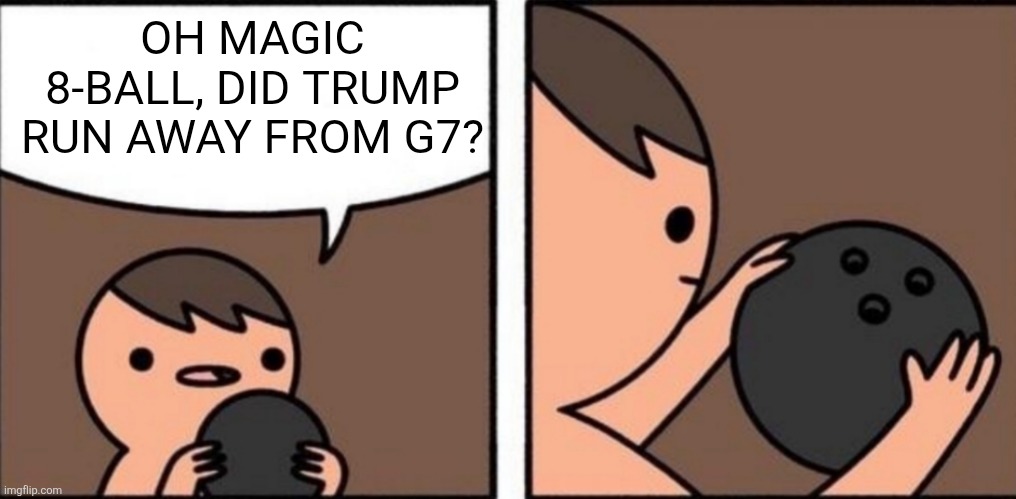 Magic 8 Ball, am I Stupid | OH MAGIC 8-BALL, DID TRUMP RUN AWAY FROM G7? | image tagged in magic 8 ball am i stupid | made w/ Imgflip meme maker