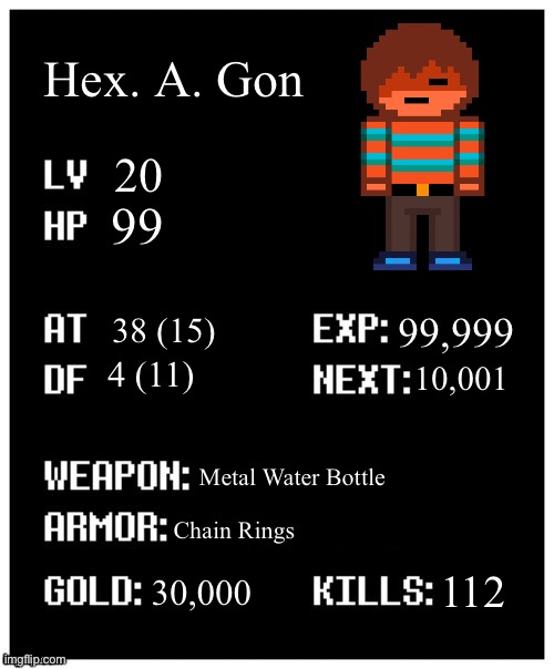 Hex’s Canon stats | Hex. A. Gon; 20; 99; 99,999; 38 (15); 4 (11); 10,001; Metal Water Bottle; Chain Rings; 30,000; 112 | image tagged in undertale player stats | made w/ Imgflip meme maker