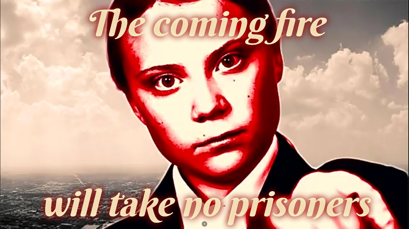 Greta Thunberg colorized glare | The coming fire; will take no prisoners | image tagged in greta thunberg colorized glare | made w/ Imgflip meme maker
