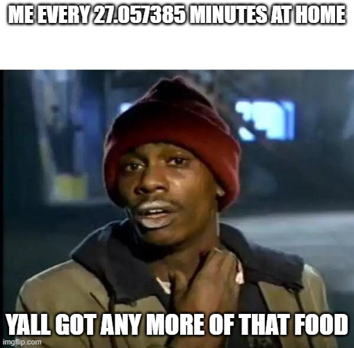 I bet that at least half the people who see this meme are hungry | ME EVERY 27.057385 MINUTES AT HOME; YALL GOT ANY MORE OF THAT FOOD | image tagged in memes,y'all got any more of that | made w/ Imgflip meme maker