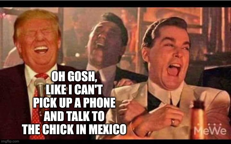 goodfellas trump | OH GOSH, LIKE I CAN'T PICK UP A PHONE AND TALK TO THE CHICK IN MEXICO | image tagged in goodfellas trump | made w/ Imgflip meme maker